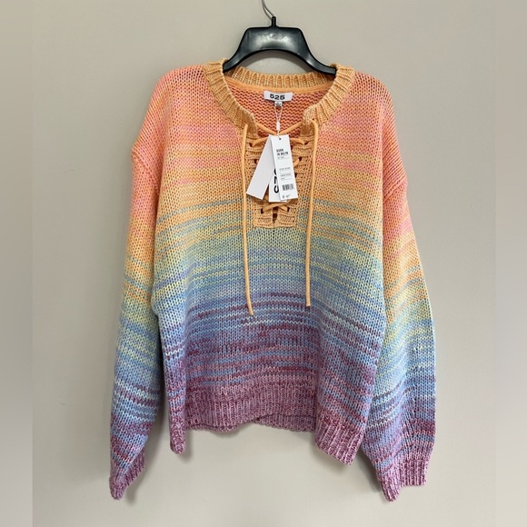 525 America Sweaters - 525 America Born in Brooklyn NWT Lace-Up V-Neck Rainbow Marled Knit Sweater, L